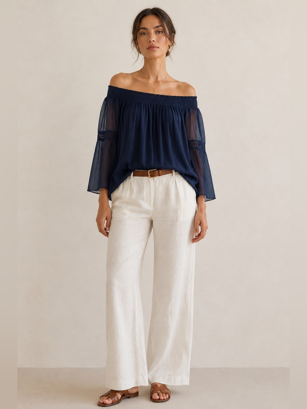 Anthropologie Love Sam silk navy blue off the shoulder chiffon lined boho top. S